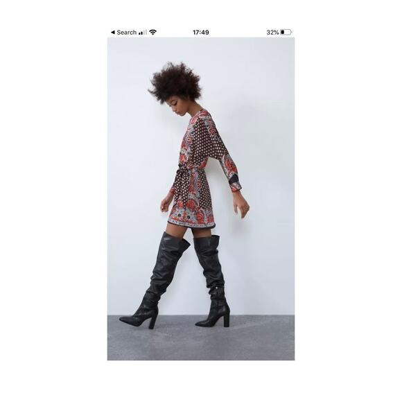 Zara Paisley Scarf Mix Print Satin Faux Wrap Mini Dress Small Boho Western - Picture 2 of 14